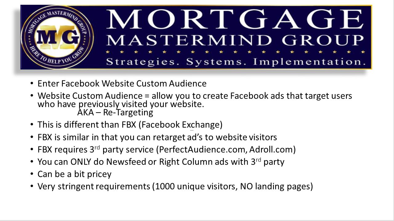Enter Facebook Website Custom Audience Website Custom Audience = allow you to create Facebook ads that target users who have previously visited your website.