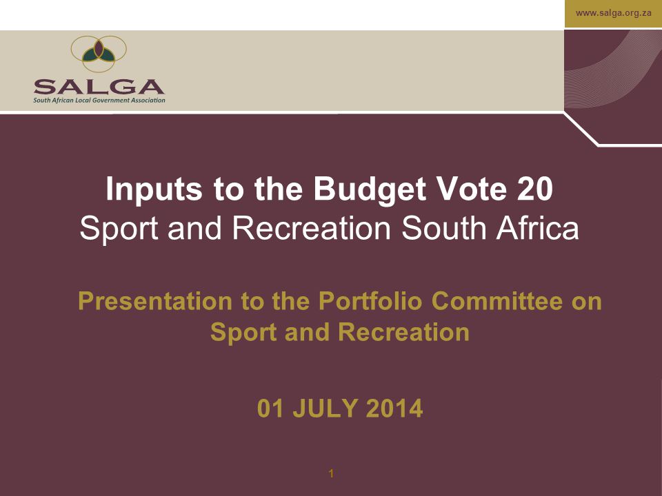 Inputs to the Budget Vote 20 Sport and Recreation South Africa Presentation to the Portfolio Committee on Sport and Recreation 01 JULY