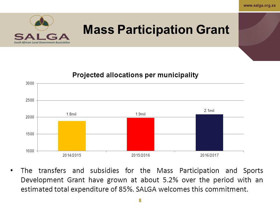 Mass Participation Grant 8 The transfers and subsidies for the Mass Participation and Sports Development Grant have grown at about 5.2% over the period with an estimated total expenditure of 85%.