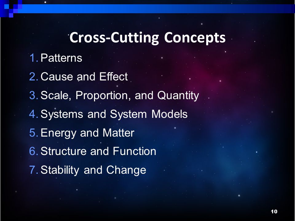 10 Cross-Cutting Concepts 1.Patterns 2.Cause and Effect 3.Scale, Proportion, and Quantity 4.Systems and System Models 5.Energy and Matter 6.Structure and Function 7.Stability and Change