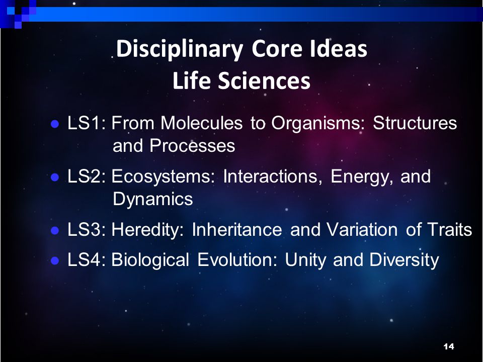 14 Disciplinary Core Ideas Life Sciences ● LS1: From Molecules to Organisms: Structures and Processes ● LS2: Ecosystems: Interactions, Energy, and Dynamics ● LS3: Heredity: Inheritance and Variation of Traits ● LS4: Biological Evolution: Unity and Diversity