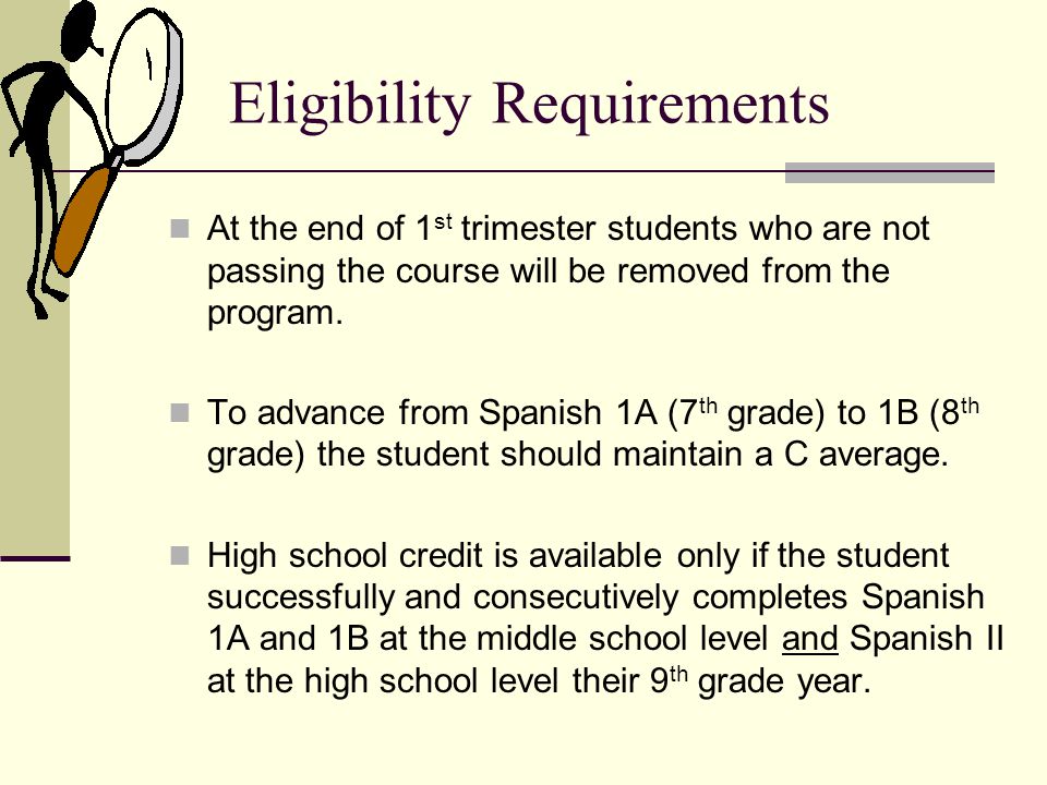 Eligibility Requirements At the end of 1 st trimester students who are not passing the course will be removed from the program.