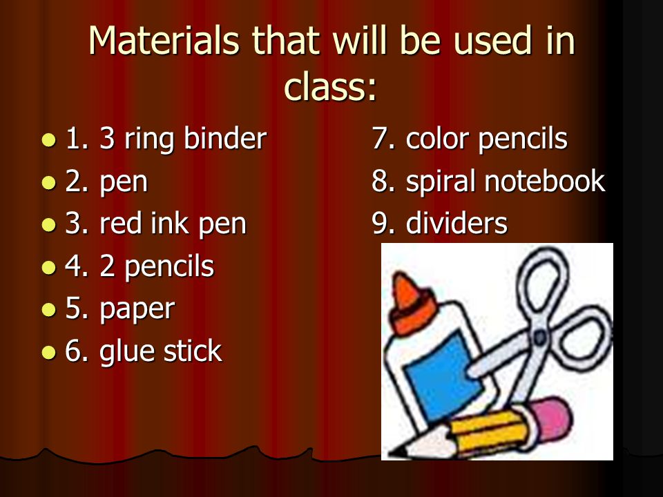 Materials that will be used in class: 1. 3 ring binder7.