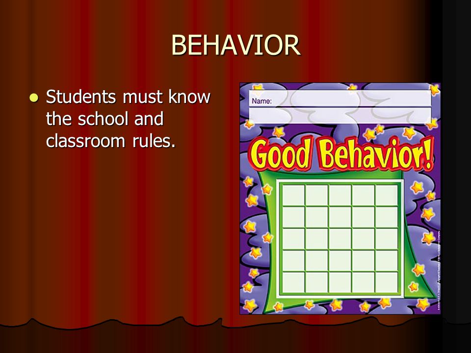 BEHAVIOR Students must know the school and classroom rules.