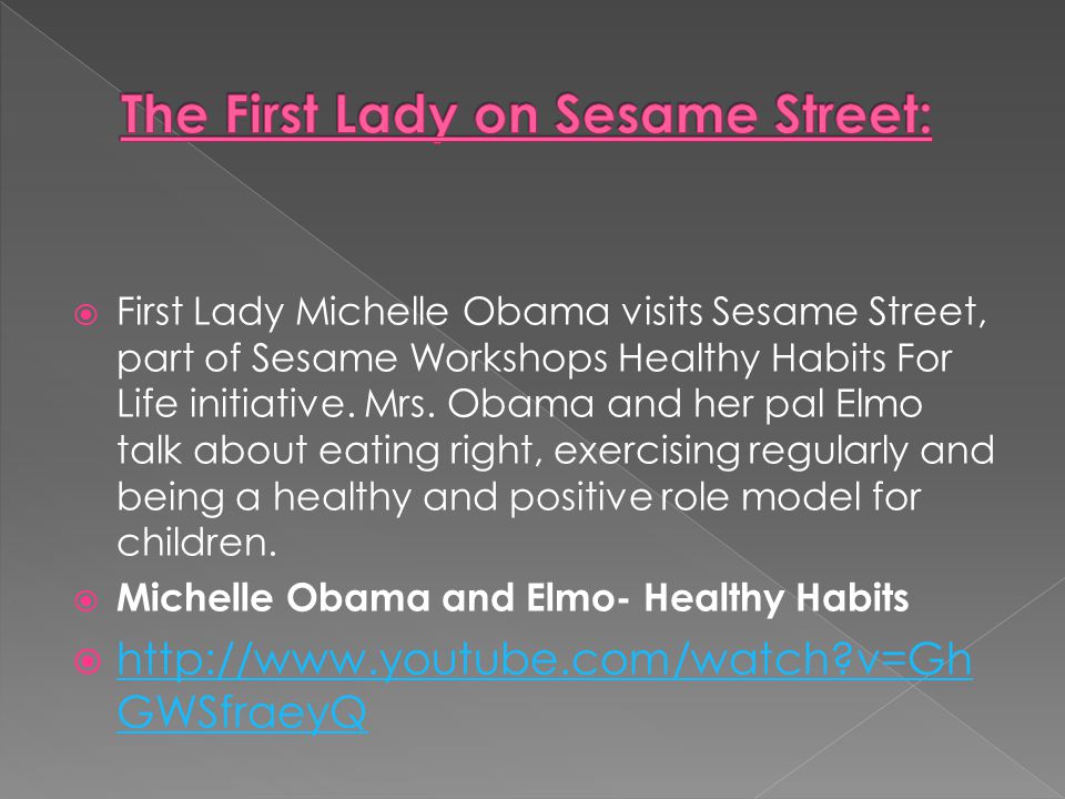  First Lady Michelle Obama visits Sesame Street, part of Sesame Workshops Healthy Habits For Life initiative.