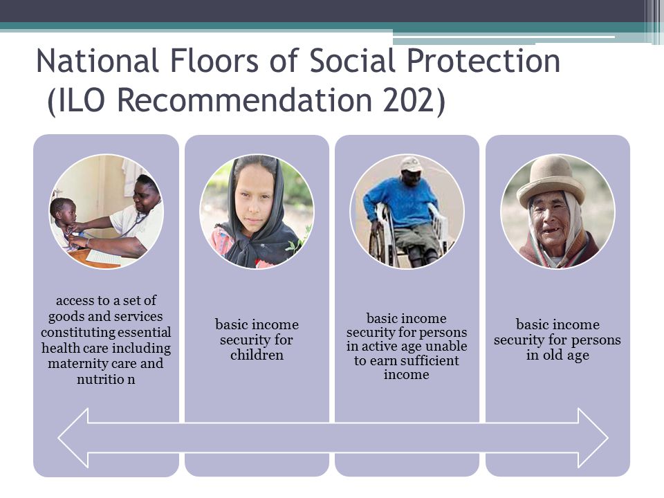 National Floors of Social Protection (ILO Recommendation 202) access to a set of goods and services constituting essential health care including maternity care and nutritio n basic income security for children basic income security for persons in active age unable to earn sufficient income basic income security for persons in old age