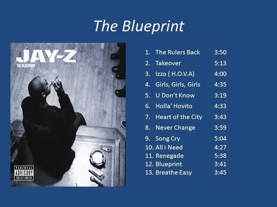 The Blueprint 1.The Rulers Back3:50 2.Takeover5:13 3.Izzo ( H.O.V.A)4:00 4.Girls, Girls, Girls4:35 5.U Don’t Know3:19 6.Holla’ Hovito4:33 7.Heart of the City3:43 8.Never Change3:59 9.Song Cry5:04 10.All I Need4:27 11.Renegade5:38 12.Blueprint3:41 13.Breathe Easy3:45