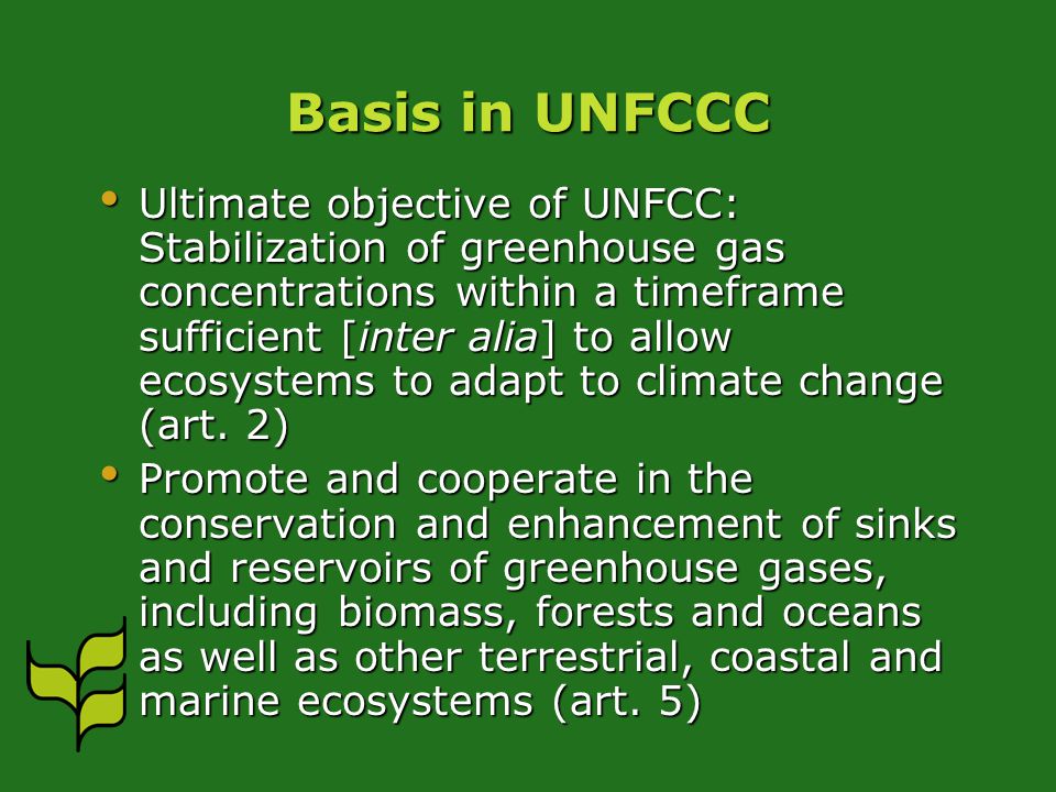 Basis in UNFCCC Ultimate objective of UNFCC: Stabilization of greenhouse gas concentrations within a timeframe sufficient [inter alia] to allow ecosystems to adapt to climate change (art.