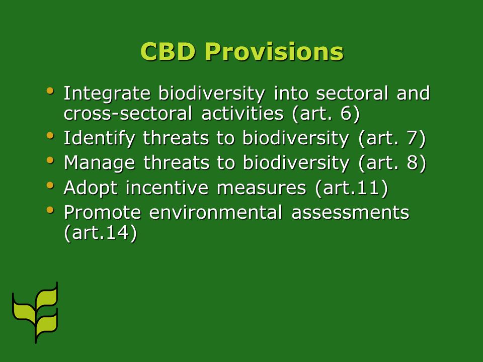 CBD Provisions Integrate biodiversity into sectoral and cross-sectoral activities (art.