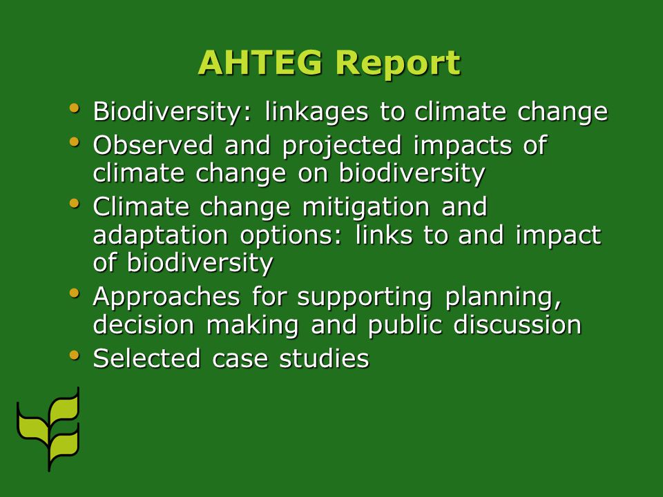 AHTEG Report Biodiversity: linkages to climate change Biodiversity: linkages to climate change Observed and projected impacts of climate change on biodiversity Observed and projected impacts of climate change on biodiversity Climate change mitigation and adaptation options: links to and impact of biodiversity Climate change mitigation and adaptation options: links to and impact of biodiversity Approaches for supporting planning, decision making and public discussion Approaches for supporting planning, decision making and public discussion Selected case studies Selected case studies