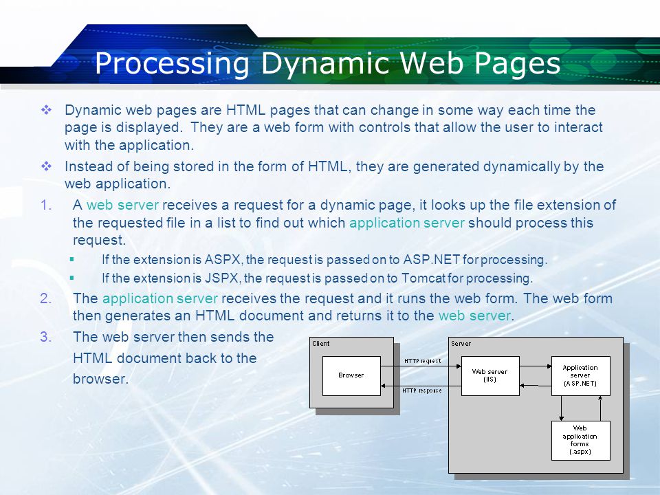 Processing Dynamic Web Pages  Dynamic web pages are HTML pages that can change in some way each time the page is displayed.