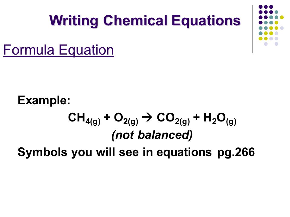 Example: CH 4(g) + O 2(g)  CO 2(g) + H 2 O (g) (not balanced) Symbols you will see in equations pg.266 Formula Equation Writing Chemical Equations