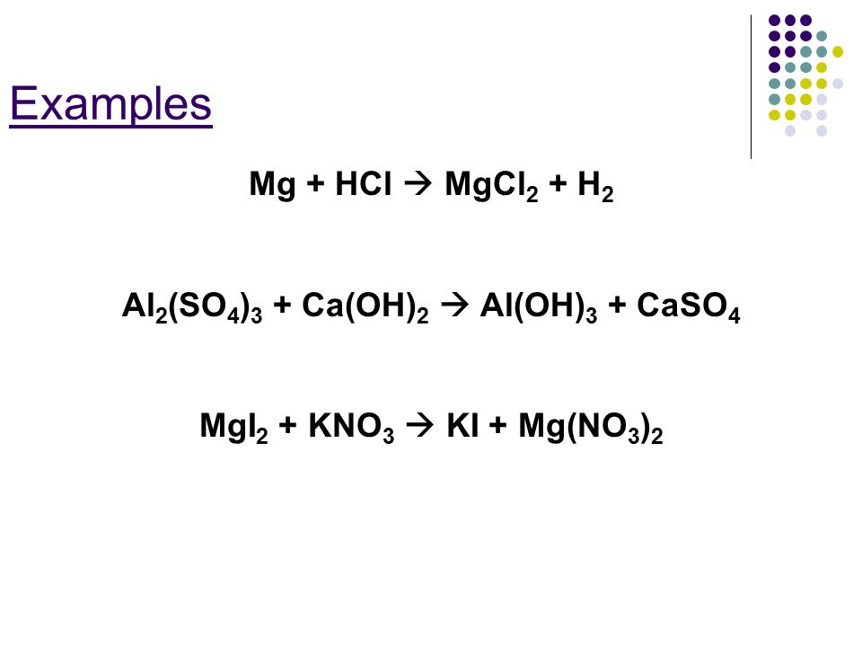 Examples Mg + HCl  MgCl 2 + H 2 Al 2 (SO 4 ) 3 + Ca(OH) 2  Al(OH) 3 + CaSO 4 MgI 2 + KNO 3  KI + Mg(NO 3 ) 2