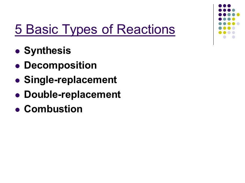 5 Basic Types of Reactions Synthesis Decomposition Single-replacement Double-replacement Combustion