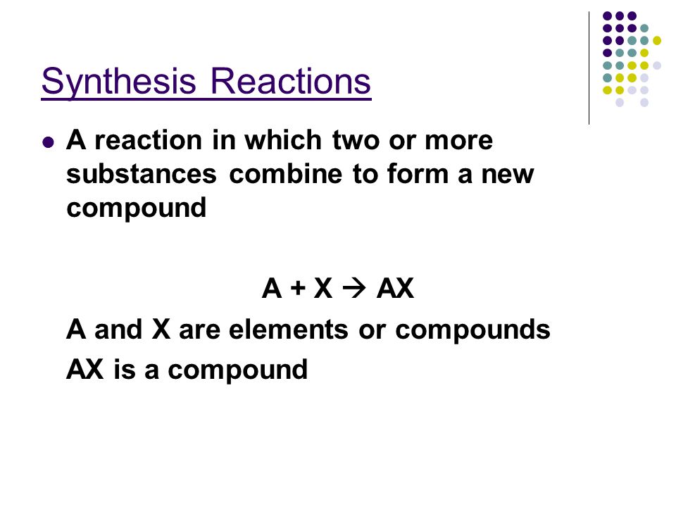 Synthesis Reactions A reaction in which two or more substances combine to form a new compound A + X  AX A and X are elements or compounds AX is a compound