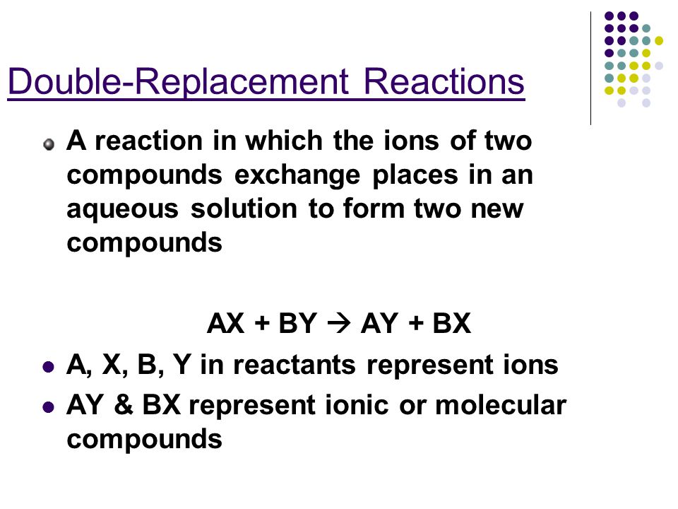 Double-Replacement Reactions A reaction in which the ions of two compounds exchange places in an aqueous solution to form two new compounds AX + BY  AY + BX A, X, B, Y in reactants represent ions AY & BX represent ionic or molecular compounds