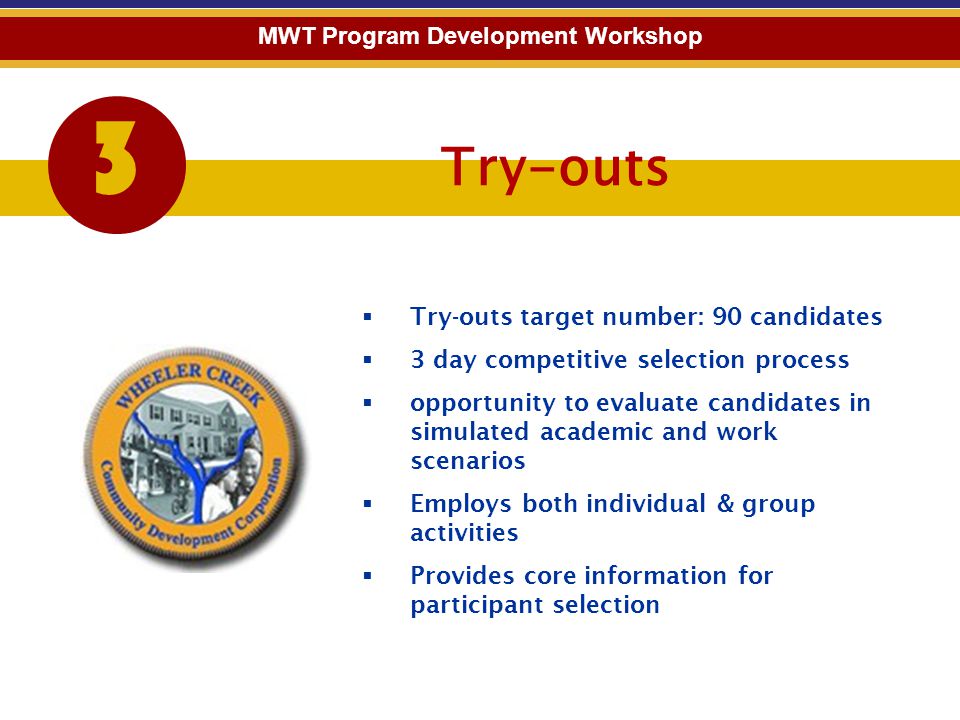 Try-outs 3 MWT Program Development Workshop  Try-outs target number: 90 candidates  3 day competitive selection process  opportunity to evaluate candidates in simulated academic and work scenarios  Employs both individual & group activities  Provides core information for participant selection