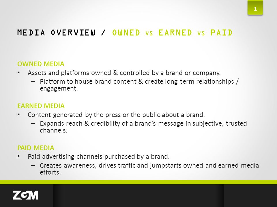 MEDIA OVERVIEW / OWNED VS EARNED VS PAID 1 OWNED MEDIA Assets and platforms owned & controlled by a brand or company.