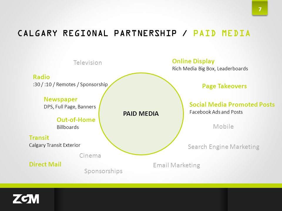 CALGARY REGIONAL PARTNERSHIP / PAID MEDIA 7 PAID MEDIA Television Radio :30 / :10 / Remotes / Sponsorship Newspaper DPS, Full Page, Banners Out-of-Home Billboards Transit Calgary Transit Exterior Online Display Rich Media Big Box, Leaderboards Page Takeovers Mobile  Marketing Social Media Promoted Posts Facebook Ads and Posts Search Engine Marketing Cinema Sponsorships Direct Mail