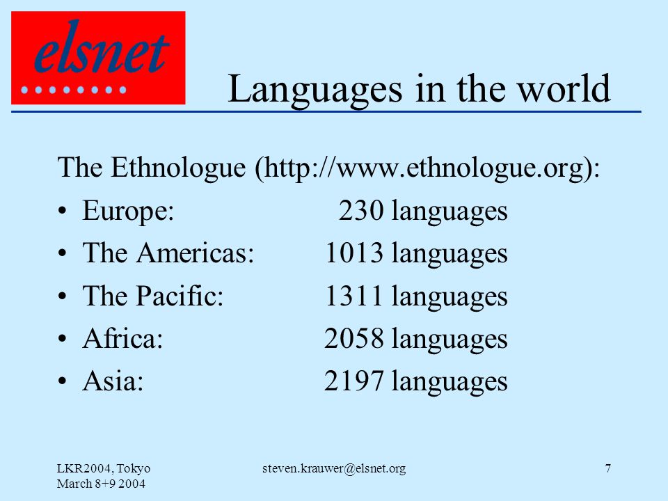 LKR2004, Tokyo March Languages in the world The Ethnologue (  Europe: 230 languages The Americas: 1013 languages The Pacific: 1311 languages Africa:2058 languages Asia: 2197 languages