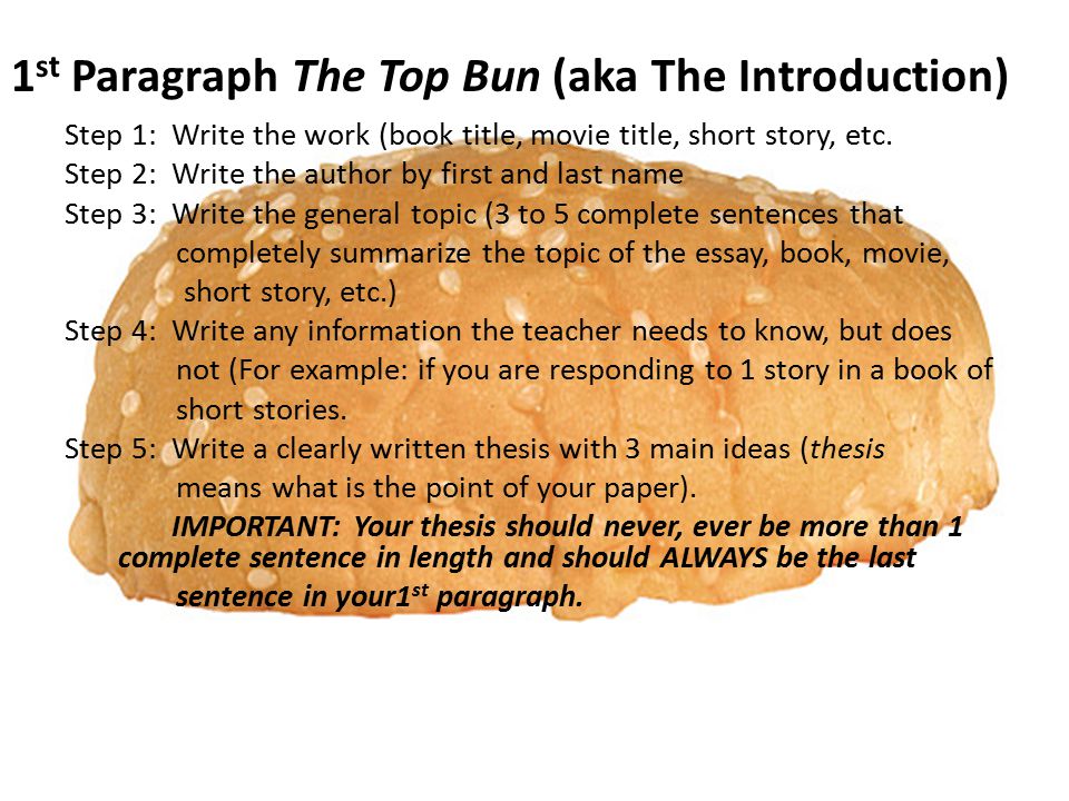 1 st Paragraph The Top Bun (aka The Introduction) Step 1: Write the work (book title, movie title, short story, etc.