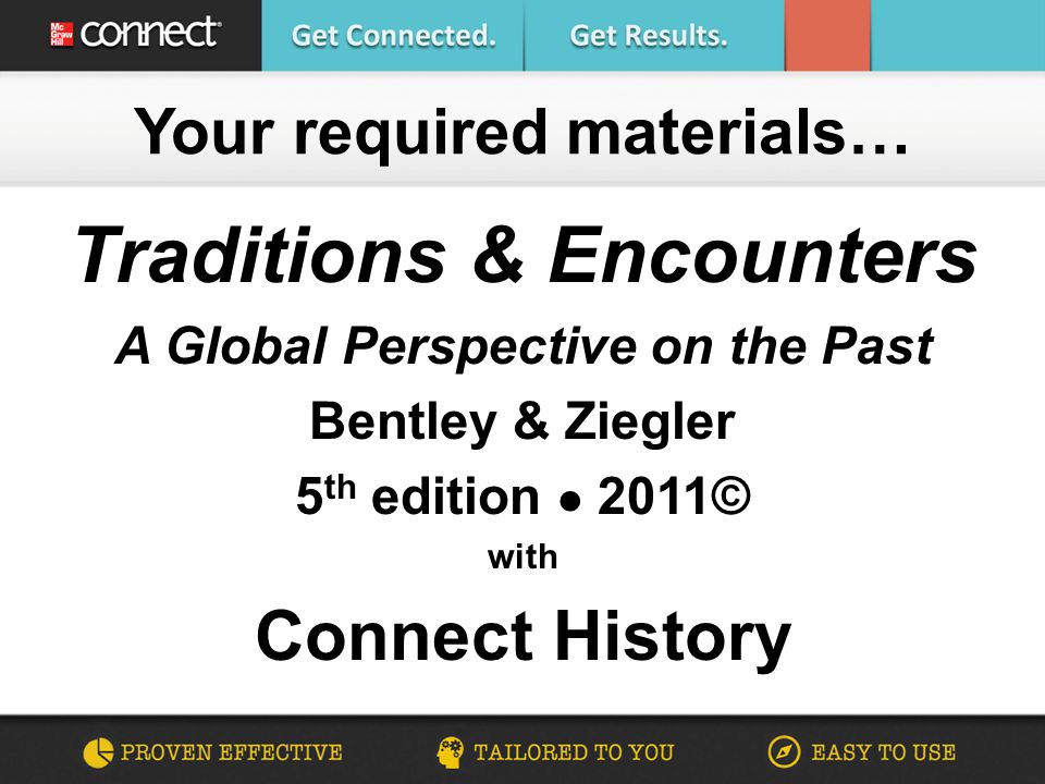 Traditions & Encounters A Global Perspective on the Past Bentley & Ziegler 5 th edition 2011© with Connect History Your required materials…