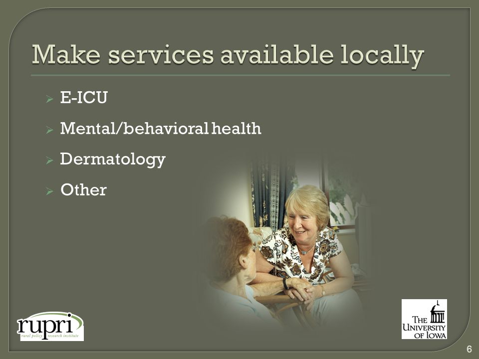  E-ICU  Mental/behavioral health  Dermatology  Other 6