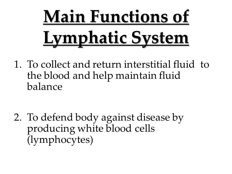 Main Functions of Lymphatic System 1.To collect and return interstitial fluid to the blood and help maintain fluid balance 2.To defend body against disease by producing white blood cells (lymphocytes)