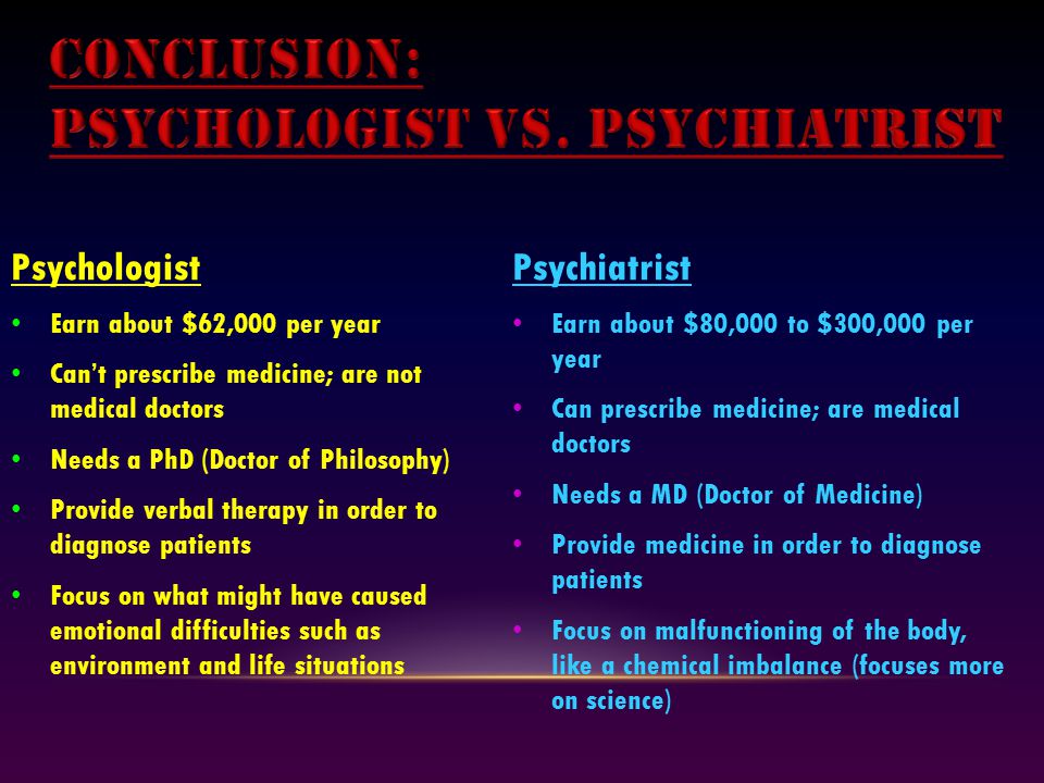Psychologist Earn about $62,000 per year Can’t prescribe medicine; are not medical doctors Needs a PhD (Doctor of Philosophy) Provide verbal therapy in order to diagnose patients Focus on what might have caused emotional difficulties such as environment and life situations Psychiatrist Earn about $80,000 to $300,000 per year Can prescribe medicine; are medical doctors Needs a MD (Doctor of Medicine) Provide medicine in order to diagnose patients Focus on malfunctioning of the body, like a chemical imbalance (focuses more on science)