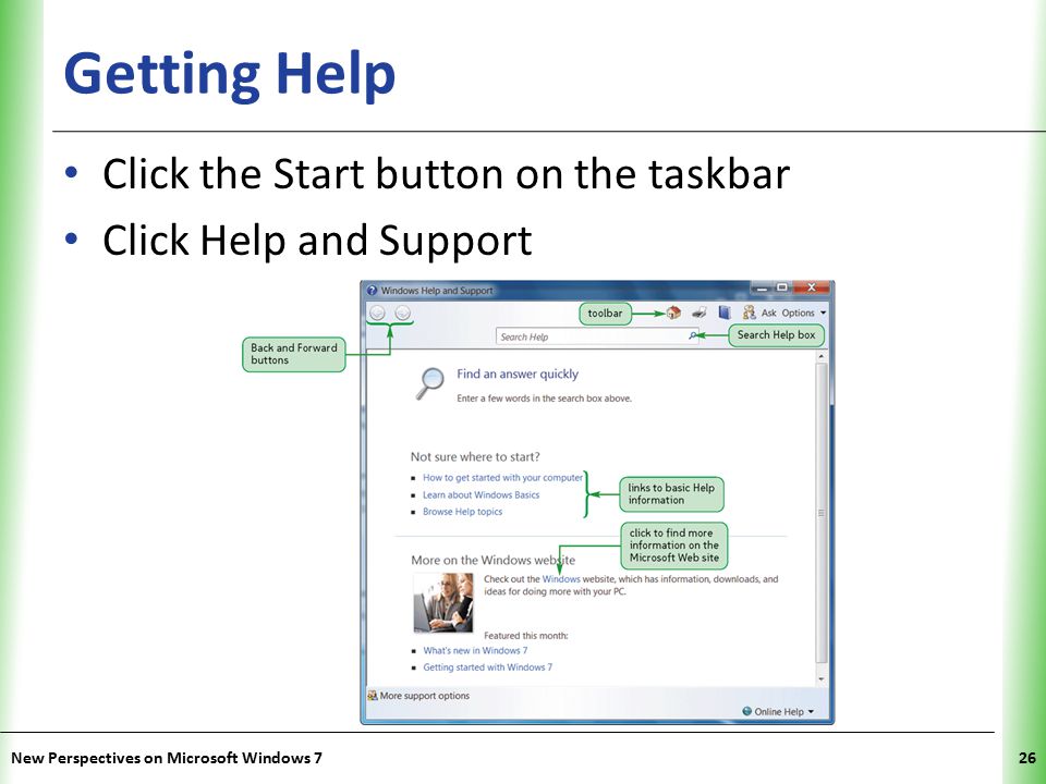 XP Getting Help Click the Start button on the taskbar Click Help and Support New Perspectives on Microsoft Windows 726