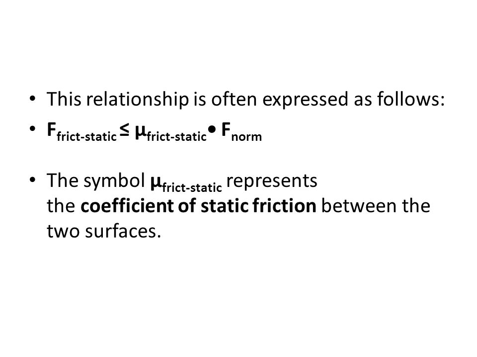 This relationship is often expressed as follows: F frict-static ≤ μ frict-static F norm The symbol μ frict-static represents the coefficient of static friction between the two surfaces.