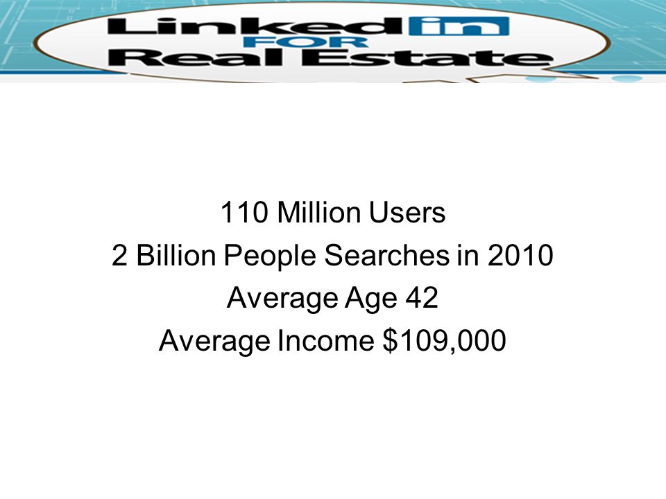 110 Million Users 2 Billion People Searches in 2010 Average Age 42 Average Income $109,000