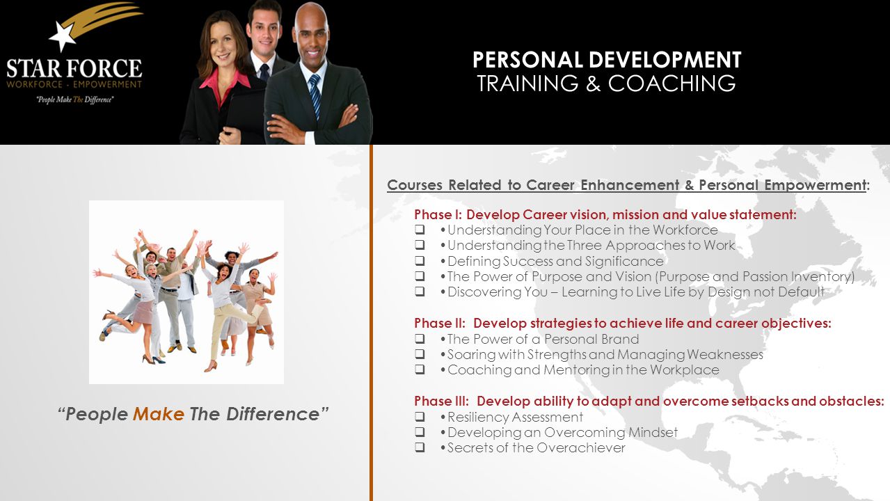 People Make The Difference Courses Related to Career Enhancement & Personal Empowerment: Phase I: Develop Career vision, mission and value statement: Understanding Your Place in the Workforce Understanding the Three Approaches to Work Defining Success and Significance The Power of Purpose and Vision (Purpose and Passion Inventory) Discovering You – Learning to Live Life by Design not Default Phase II: Develop strategies to achieve life and career objectives: The Power of a Personal Brand Soaring with Strengths and Managing Weaknesses Coaching and Mentoring in the Workplace Phase III: Develop ability to adapt and overcome setbacks and obstacles: Resiliency Assessment Developing an Overcoming Mindset Secrets of the Overachiever PERSONAL DEVELOPMENT TRAINING & COACHING