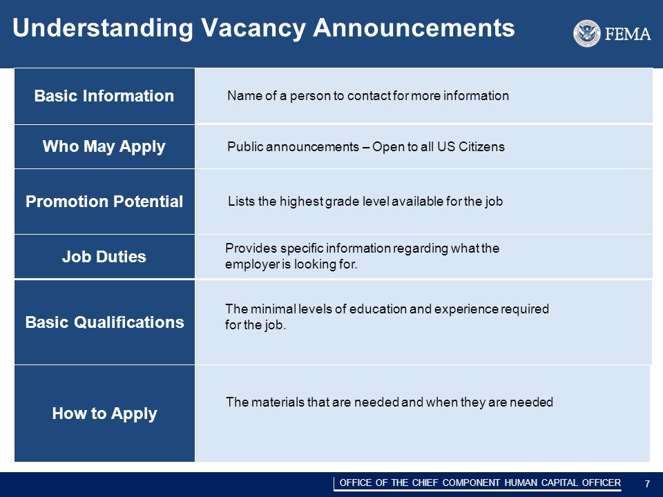 DRAFT/PRE-DECISIONAL 7 OFFICE OF THE CHIEF COMPONENT HUMAN CAPITAL OFFICER 7 Understanding Vacancy Announcements Basic Information Name of a person to contact for more information Who May Apply Public announcements – Open to all US Citizens Promotion Potential Lists the highest grade level available for the job Job Duties Basic Qualifications How to Apply Provides specific information regarding what the employer is looking for.