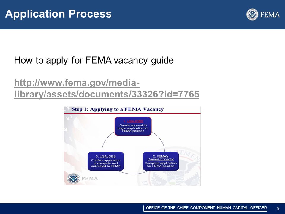 DRAFT/PRE-DECISIONAL 8 OFFICE OF THE CHIEF COMPONENT HUMAN CAPITAL OFFICER 8 Application Process   library/assets/documents/33326 id=7765 How to apply for FEMA vacancy guide