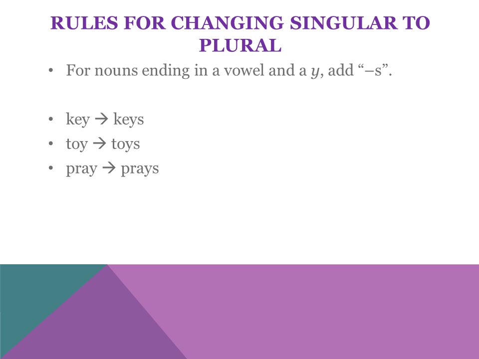 RULES FOR CHANGING SINGULAR TO PLURAL For nouns ending in a vowel and a y, add –s .