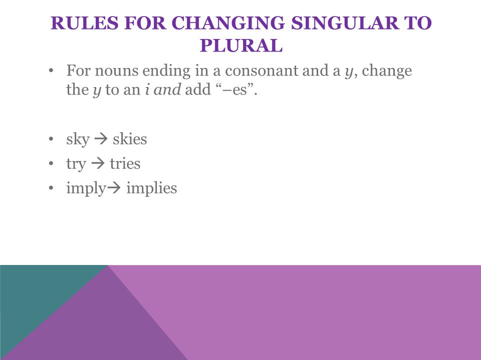 RULES FOR CHANGING SINGULAR TO PLURAL For nouns ending in a consonant and a y, change the y to an i and add –es .