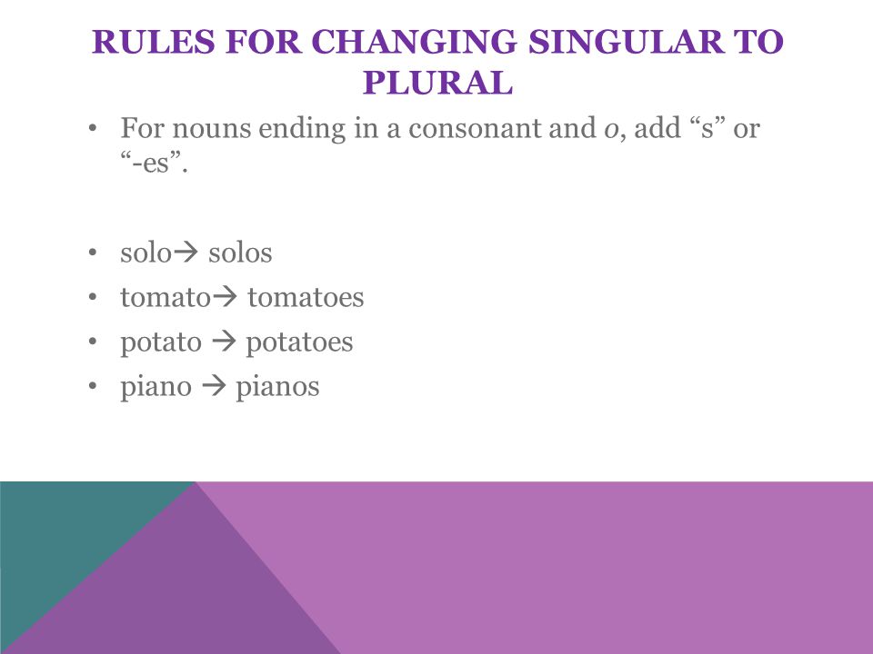 RULES FOR CHANGING SINGULAR TO PLURAL For nouns ending in a consonant and o, add s or -es .