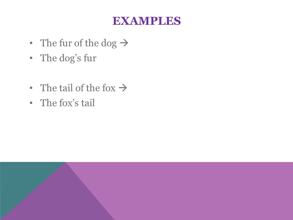 EXAMPLES The fur of the dog  The dog’s fur The tail of the fox  The fox’s tail