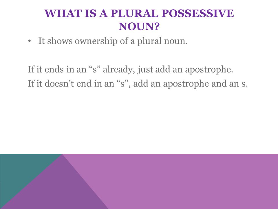 WHAT IS A PLURAL POSSESSIVE NOUN. It shows ownership of a plural noun.