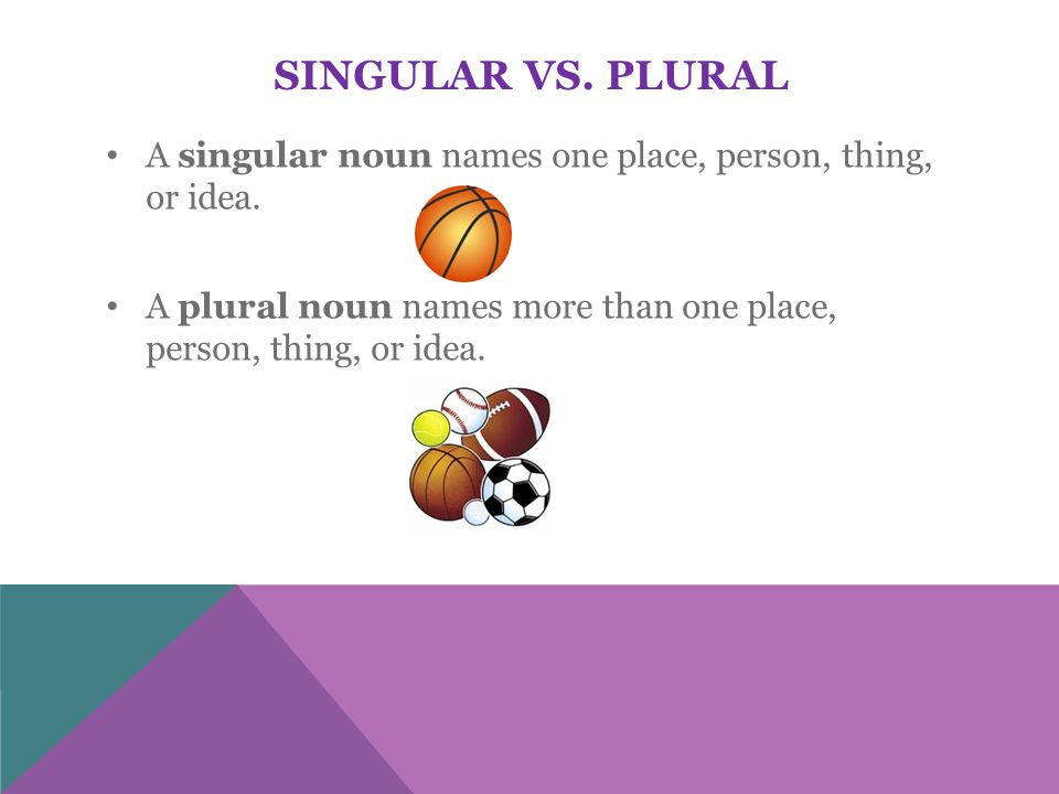 SINGULAR VS. PLURAL A singular noun names one place, person, thing, or idea.
