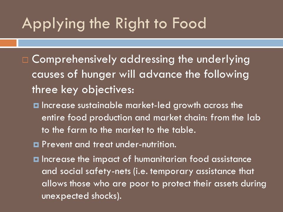 Applying the Right to Food  Comprehensively addressing the underlying causes of hunger will advance the following three key objectives:  Increase sustainable market-led growth across the entire food production and market chain: from the lab to the farm to the market to the table.