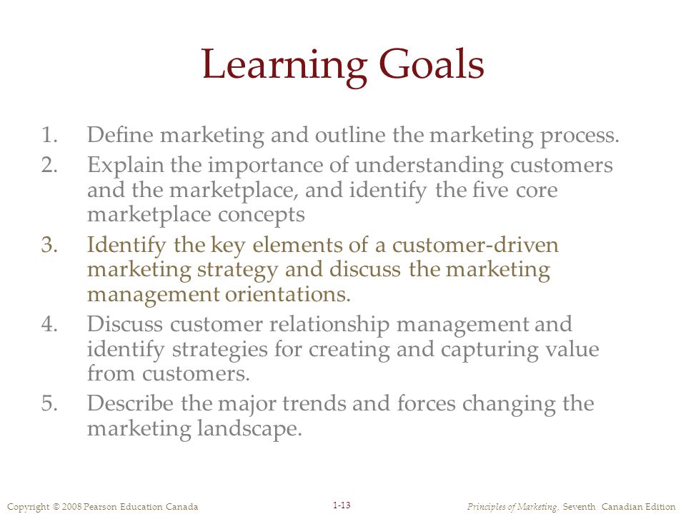Copyright © 2008 Pearson Education CanadaPrinciples of Marketing, Seventh Canadian Edition 1-13 Learning Goals 1.Define marketing and outline the marketing process.