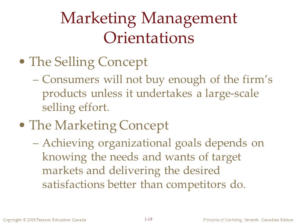 Copyright © 2008 Pearson Education CanadaPrinciples of Marketing, Seventh Canadian Edition 1-19 Marketing Management Orientations The Selling Concept –Consumers will not buy enough of the firm’s products unless it undertakes a large-scale selling effort.