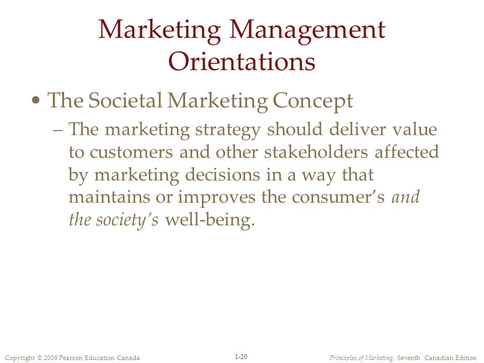 Copyright © 2008 Pearson Education CanadaPrinciples of Marketing, Seventh Canadian Edition 1-20 Marketing Management Orientations The Societal Marketing Concept –The marketing strategy should deliver value to customers and other stakeholders affected by marketing decisions in a way that maintains or improves the consumer’s and the society’s well-being.