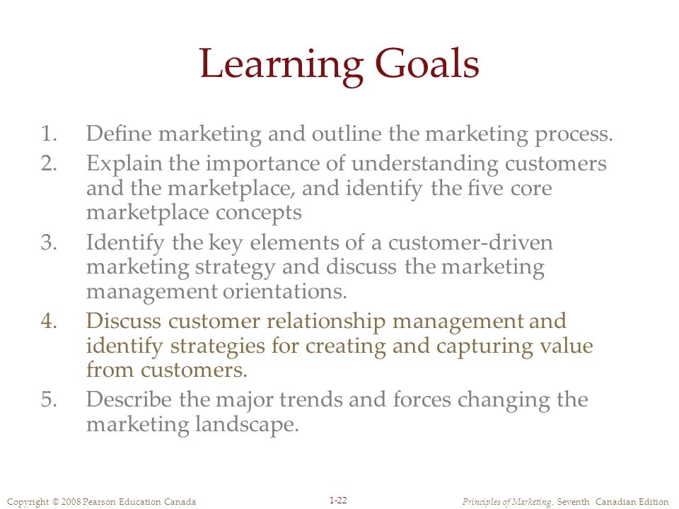Copyright © 2008 Pearson Education CanadaPrinciples of Marketing, Seventh Canadian Edition 1-22 Learning Goals 1.Define marketing and outline the marketing process.