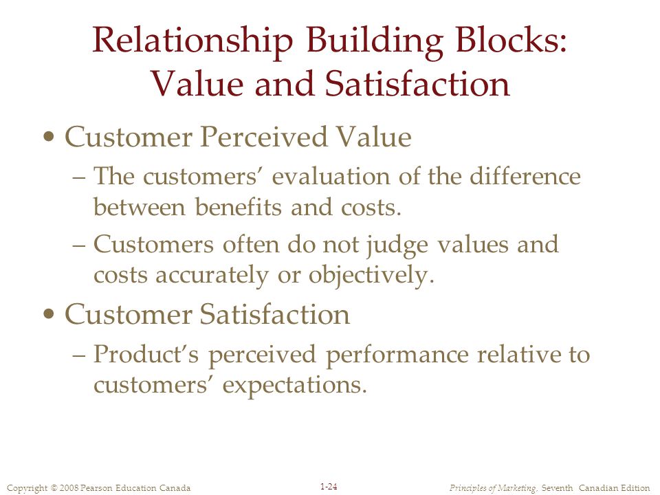 Copyright © 2008 Pearson Education CanadaPrinciples of Marketing, Seventh Canadian Edition 1-24 Relationship Building Blocks: Value and Satisfaction Customer Perceived Value –The customers’ evaluation of the difference between benefits and costs.