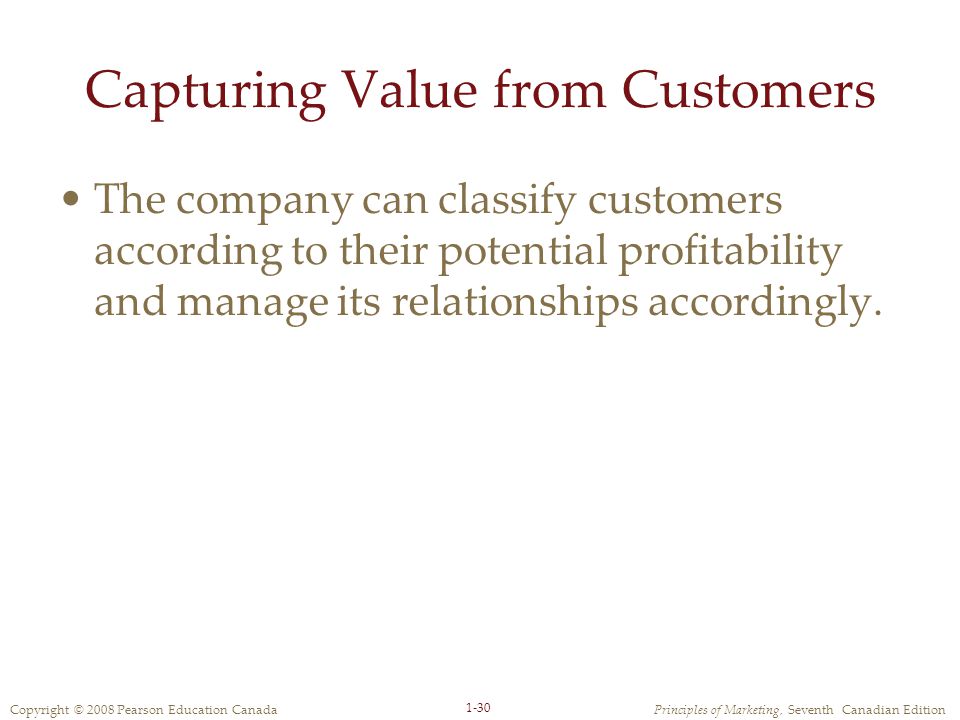 Copyright © 2008 Pearson Education CanadaPrinciples of Marketing, Seventh Canadian Edition 1-30 Capturing Value from Customers The company can classify customers according to their potential profitability and manage its relationships accordingly.