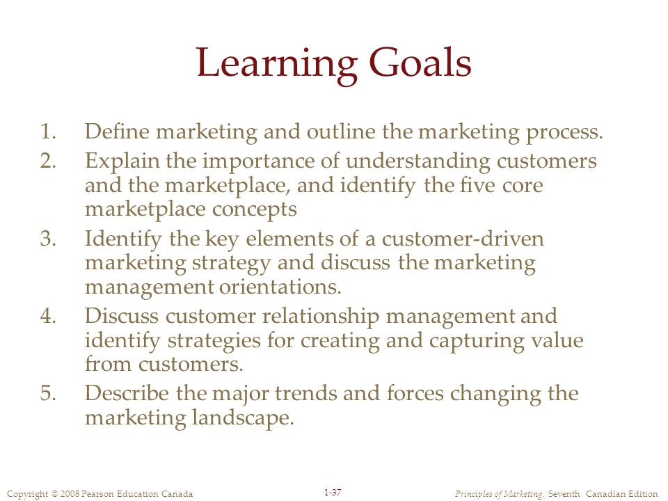 Copyright © 2008 Pearson Education CanadaPrinciples of Marketing, Seventh Canadian Edition 1-37 Learning Goals 1.Define marketing and outline the marketing process.