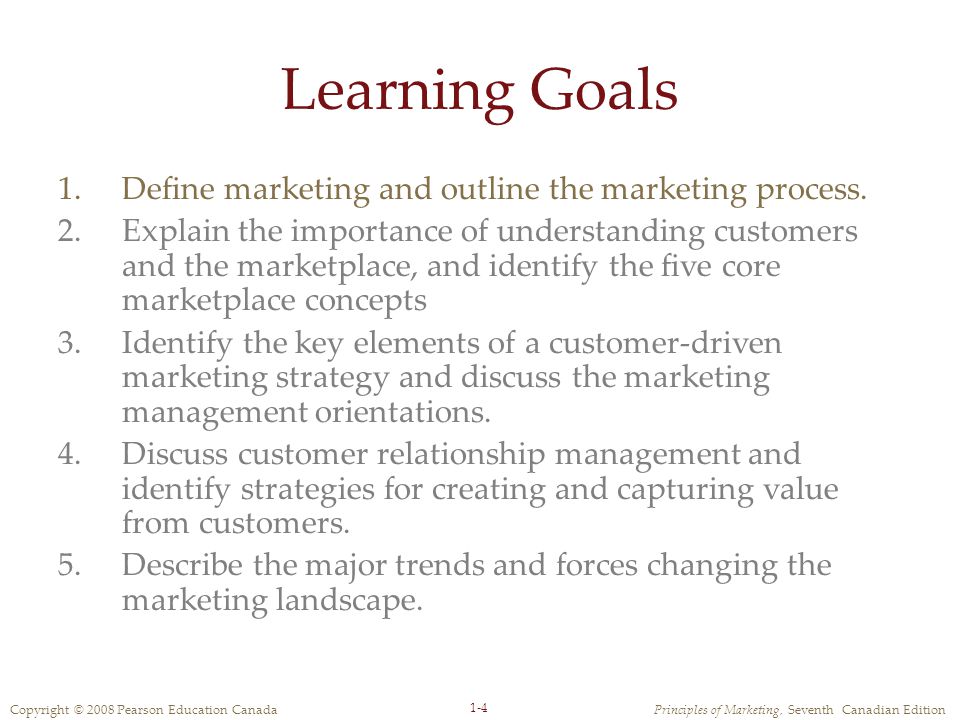 Copyright © 2008 Pearson Education CanadaPrinciples of Marketing, Seventh Canadian Edition 1-4 Learning Goals 1.Define marketing and outline the marketing process.